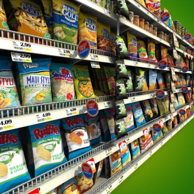 3D Model of Grocery shelves stocked with low poly snack products - 3D Render 3
